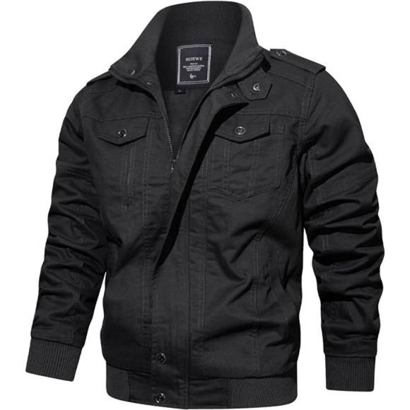 Men's Military Jacket Lightweight Cotton Stand Collar Zipper Multi-Pocket